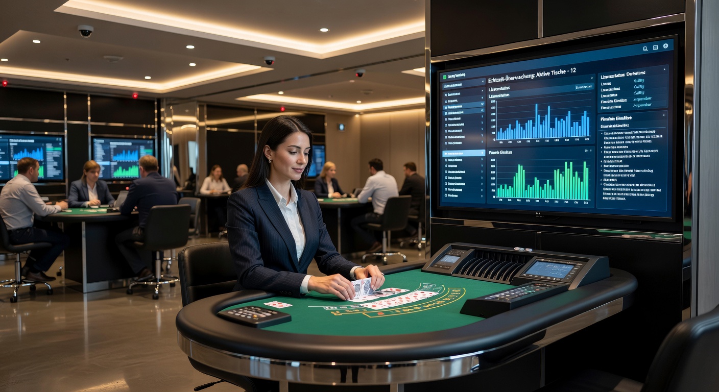 Live-Dealer-Tisch mit integrierten Zahlungsterminals und Überwachungsmonitoren in einer deutschen Spielbank