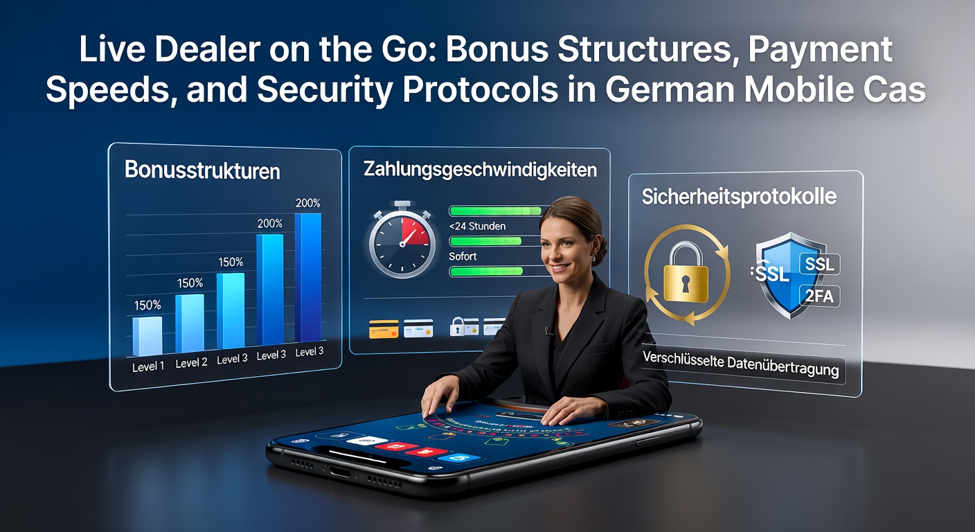 Grafik mit sicheren Zahlungsikonen, Verschlüsselungssymbolen und Live Dealer Stream auf Mobile-Gerät in deutschem Casino-Kontext