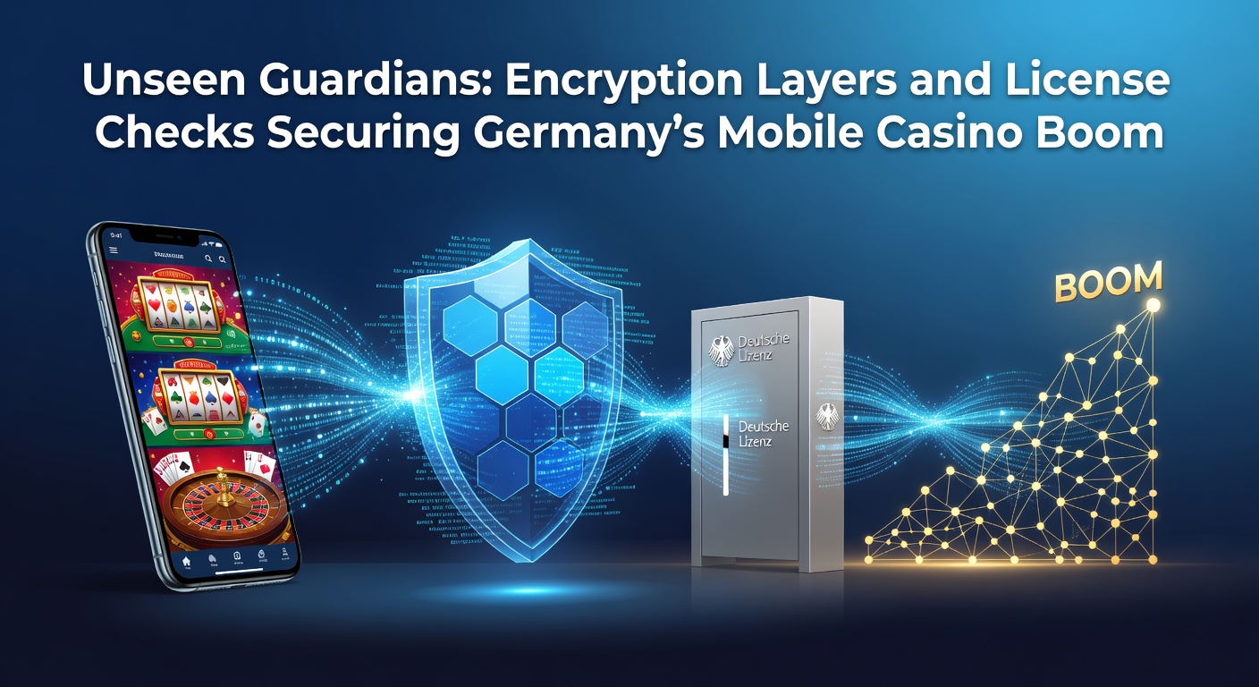 Grafik zeigt verschlüsselte Datenströme und Lizenzsiegel bei mobilen Casino-Apps in Deutschland